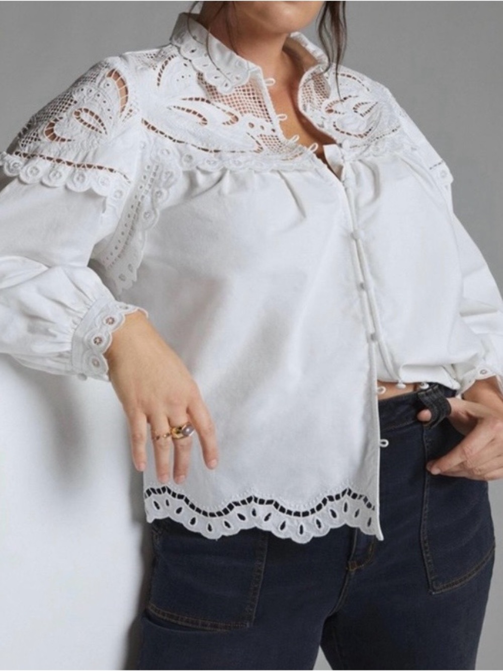 Anthropologie Embroidered Lace Button Down White Shirt Blouse Medium Petite Chic